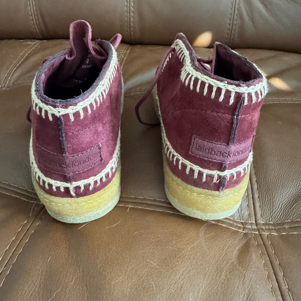 Laidback London Burgundy Suede Ankle Boots with Cream Stitching - Picture 3 of 7